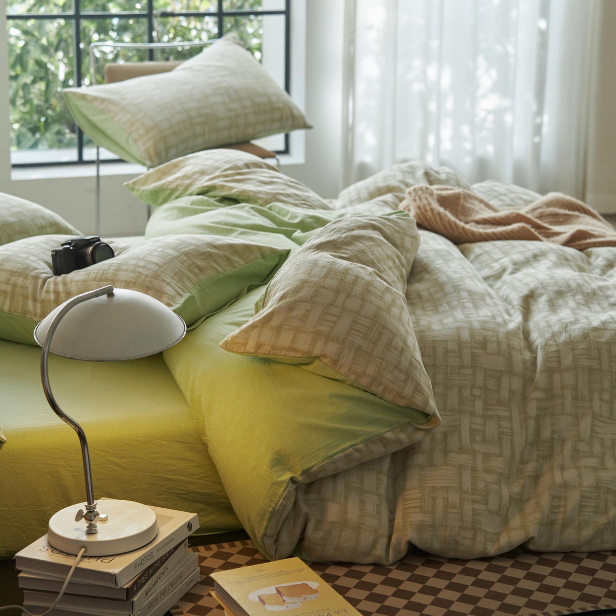 91家纺网 家纺一手货源 找家纺 如一 2026春夏新款色织提花全棉纯棉水洗棉四件套 浮光-绿