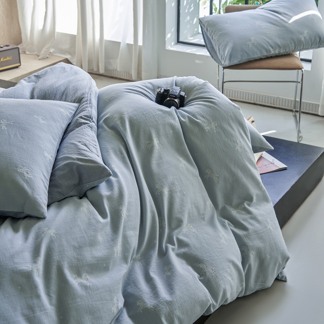 91家纺网 家纺一手货源 找家纺 如一 2026春夏新款色织提花全棉纯棉水洗棉四件套 骏影-蓝