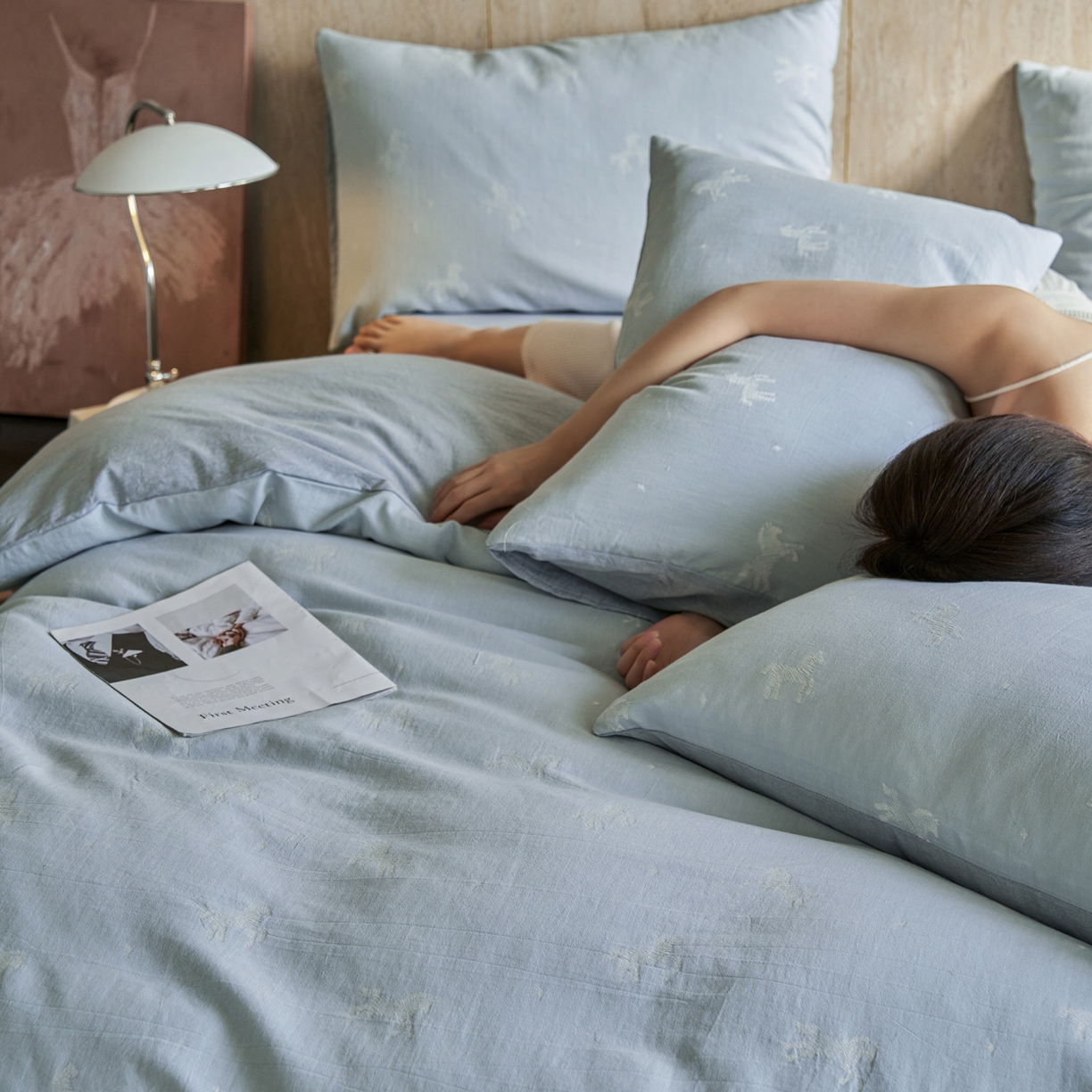 91家纺网 家纺一手货源 找家纺 如一 2026春夏新款色织提花全棉纯棉水洗棉四件套 骏影-蓝