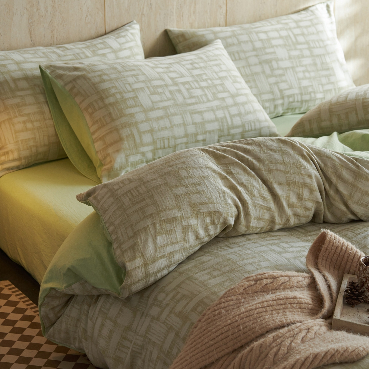 91家纺网 家纺一手货源 找家纺 如一 2026春夏新款色织提花全棉纯棉水洗棉四件套 浮光-绿