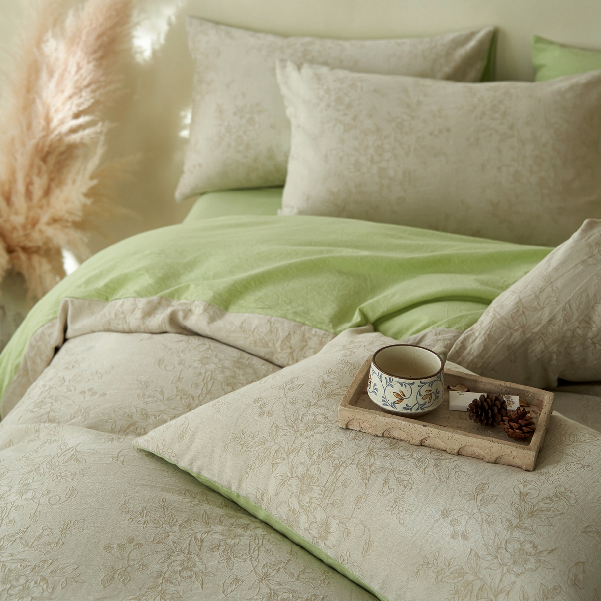 91家纺网 家纺一手货源 找家纺 如一 2026春夏新款色织提花全棉纯棉水洗棉四件套 花忆-绿