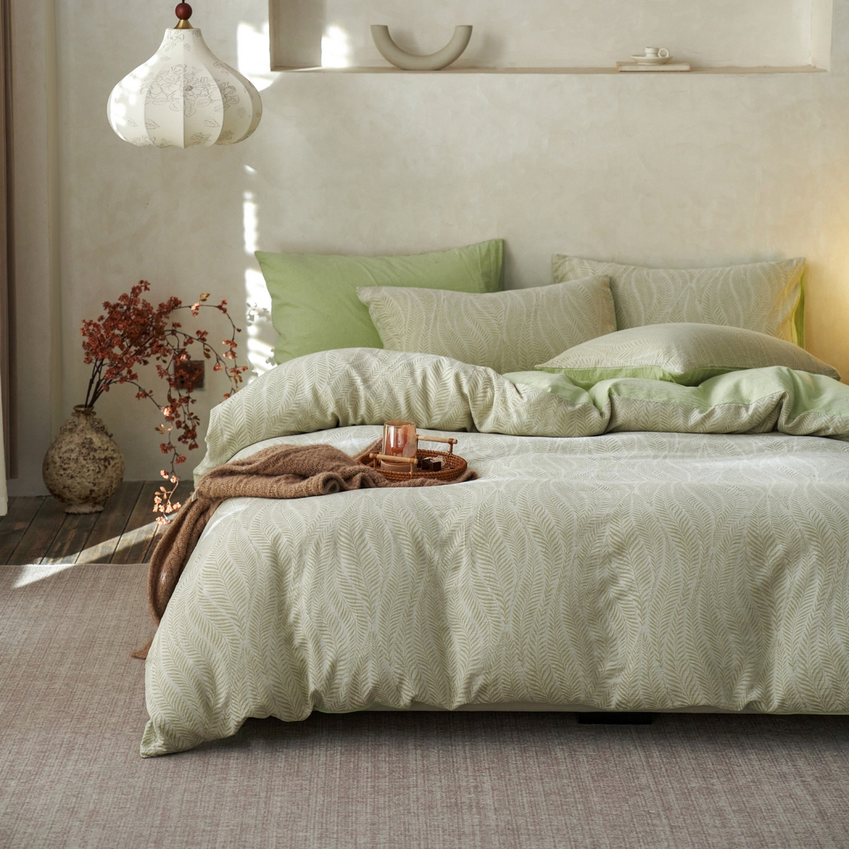 91家纺网 家纺一手货源 找家纺 如一 2026春夏新款色织提花全棉纯棉水洗棉四件套 叶笙-绿