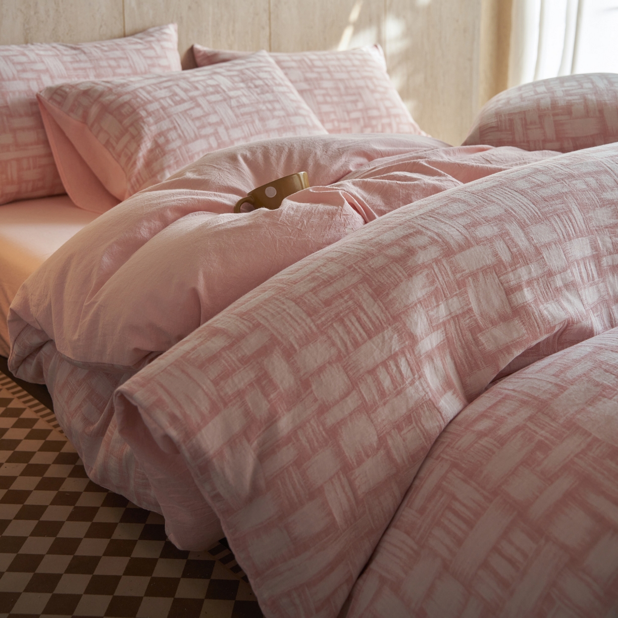 91家纺网 家纺一手货源 找家纺 如一 2026春夏新款色织提花全棉纯棉水洗棉四件套 浮光-粉