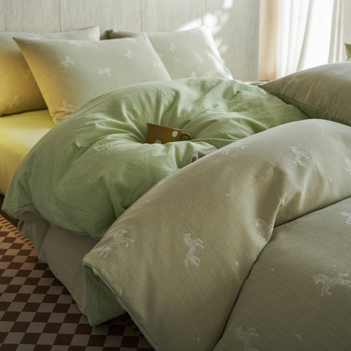 91家纺网 家纺一手货源 找家纺 如一 2026春夏新款色织提花全棉纯棉水洗棉四件套 骏影-绿