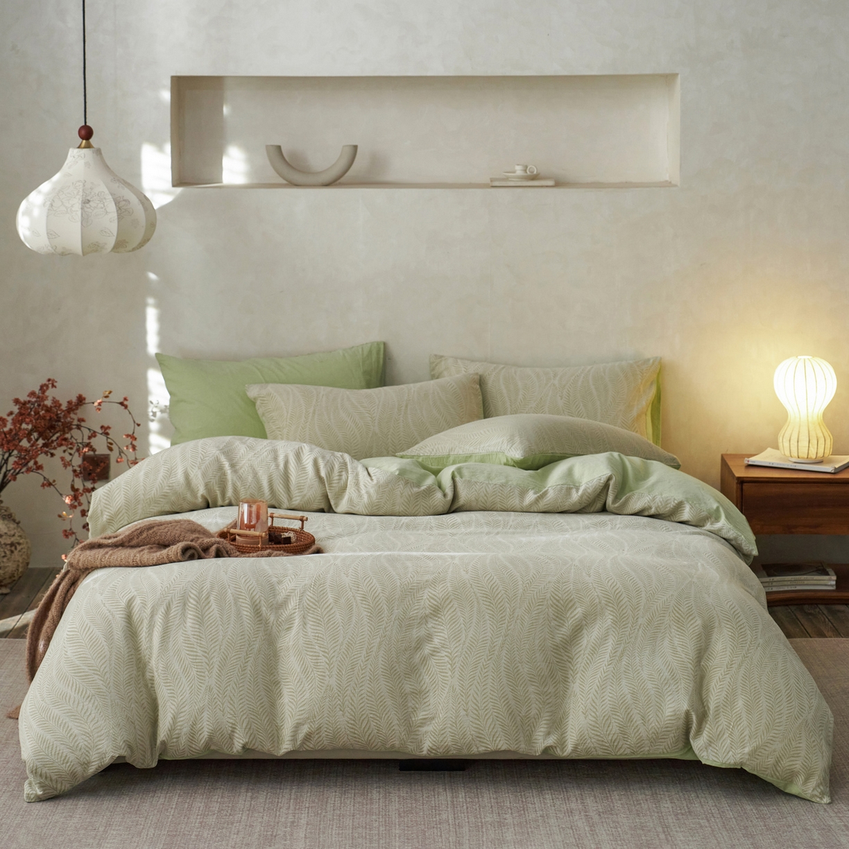 91家纺网 家纺一手货源 找家纺 如一 2026春夏新款色织提花全棉纯棉水洗棉四件套 叶笙-绿