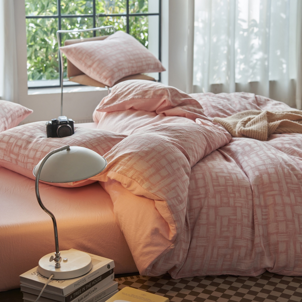 91家纺网 家纺一手货源 找家纺 如一 2026春夏新款色织提花全棉纯棉水洗棉四件套 浮光-粉