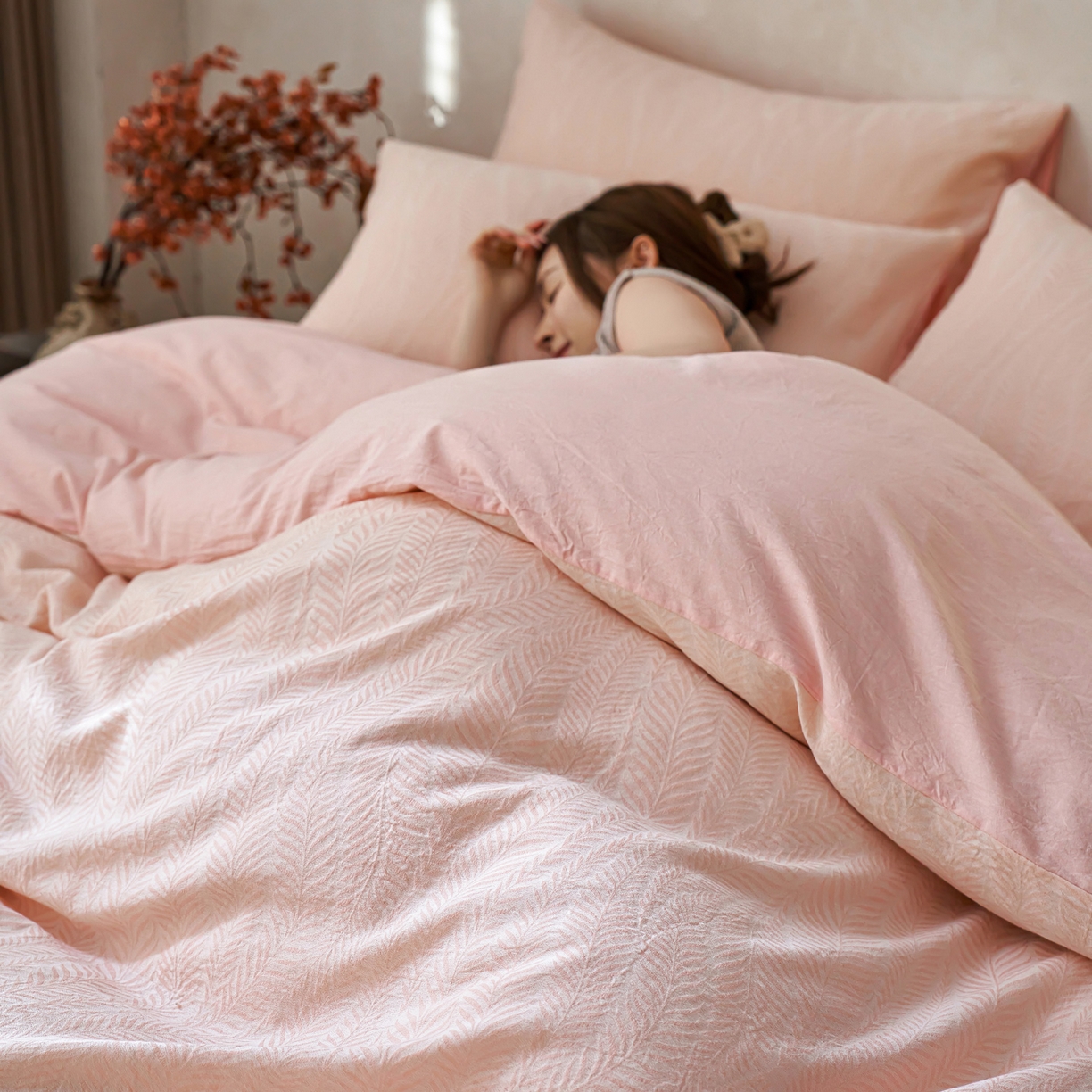 91家纺网 家纺一手货源 找家纺 如一 2026春夏新款色织提花全棉纯棉水洗棉四件套 叶笙-粉