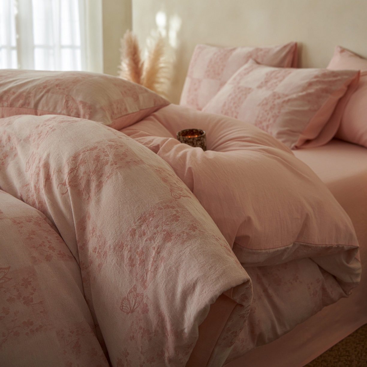 91家纺网 家纺一手货源 找家纺 如一 2026春夏新款色织提花全棉纯棉水洗棉四件套 蝶漫-粉