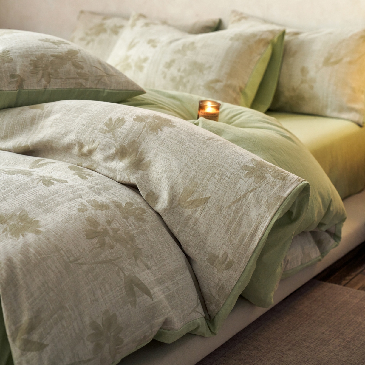 91家纺网 家纺一手货源 找家纺 如一 2026春夏新款色织提花全棉纯棉水洗棉四件套 兰序-绿