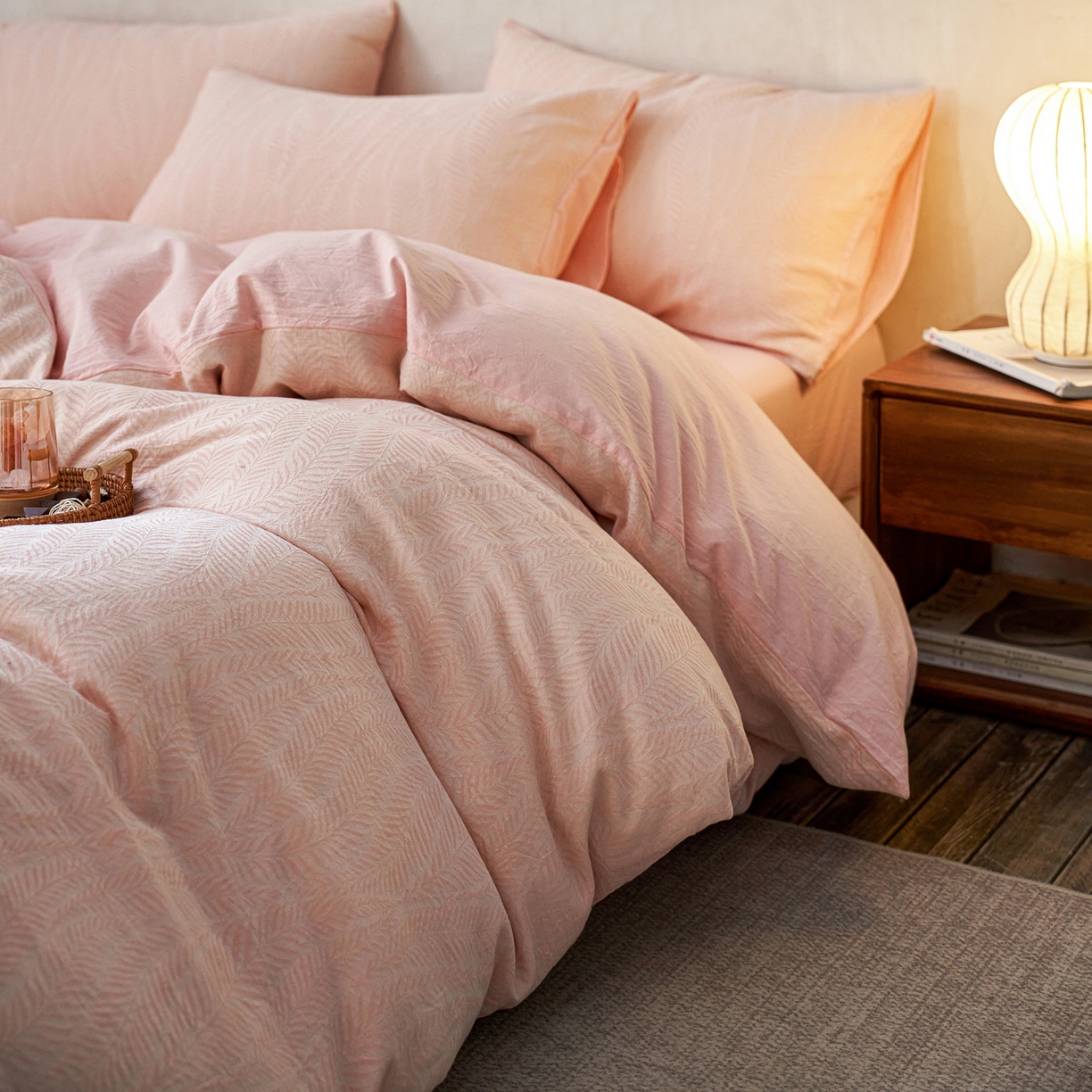 91家纺网 家纺一手货源 找家纺 如一 2026春夏新款色织提花全棉纯棉水洗棉四件套 叶笙-粉