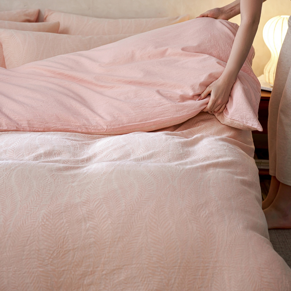 91家纺网 家纺一手货源 找家纺 如一 2026春夏新款色织提花全棉纯棉水洗棉四件套 叶笙-粉