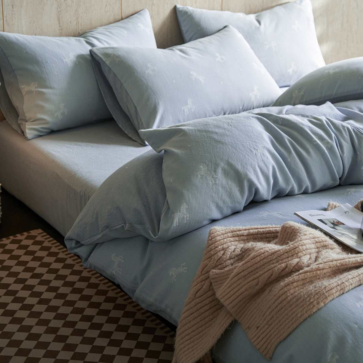 91家纺网 家纺一手货源 找家纺 如一 2026春夏新款色织提花全棉纯棉水洗棉四件套 骏影-蓝