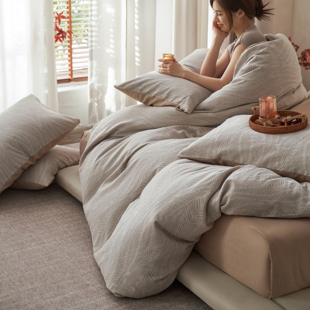 91家纺网 家纺一手货源 找家纺 如一 2026春夏新款色织提花全棉纯棉水洗棉四件套 叶笙-咖