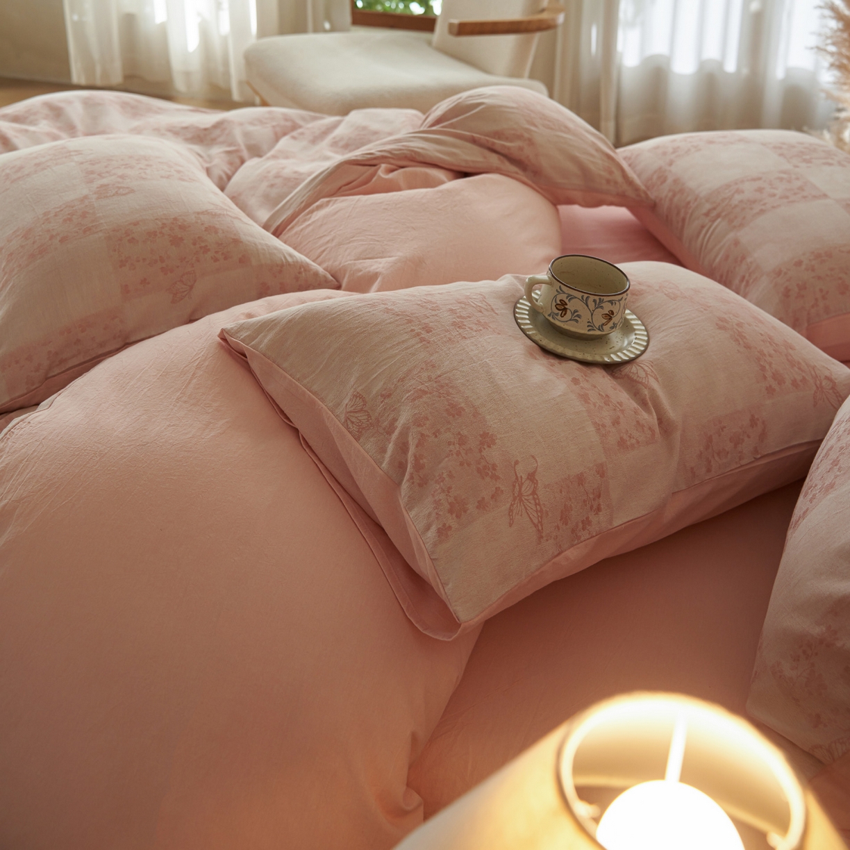 91家纺网 家纺一手货源 找家纺 如一 2026春夏新款色织提花全棉纯棉水洗棉四件套 蝶漫-粉