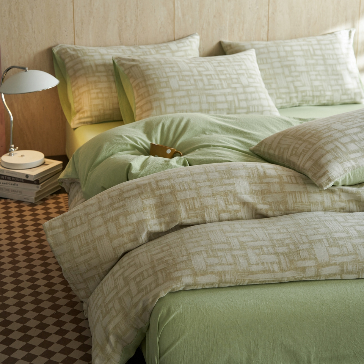 91家纺网 家纺一手货源 找家纺 如一 2026春夏新款色织提花全棉纯棉水洗棉四件套 浮光-绿