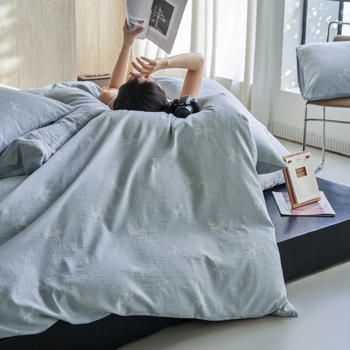 91家纺网 家纺一手货源 找家纺 如一 2026春夏新款色织提花全棉纯棉水洗棉四件套 骏影-蓝