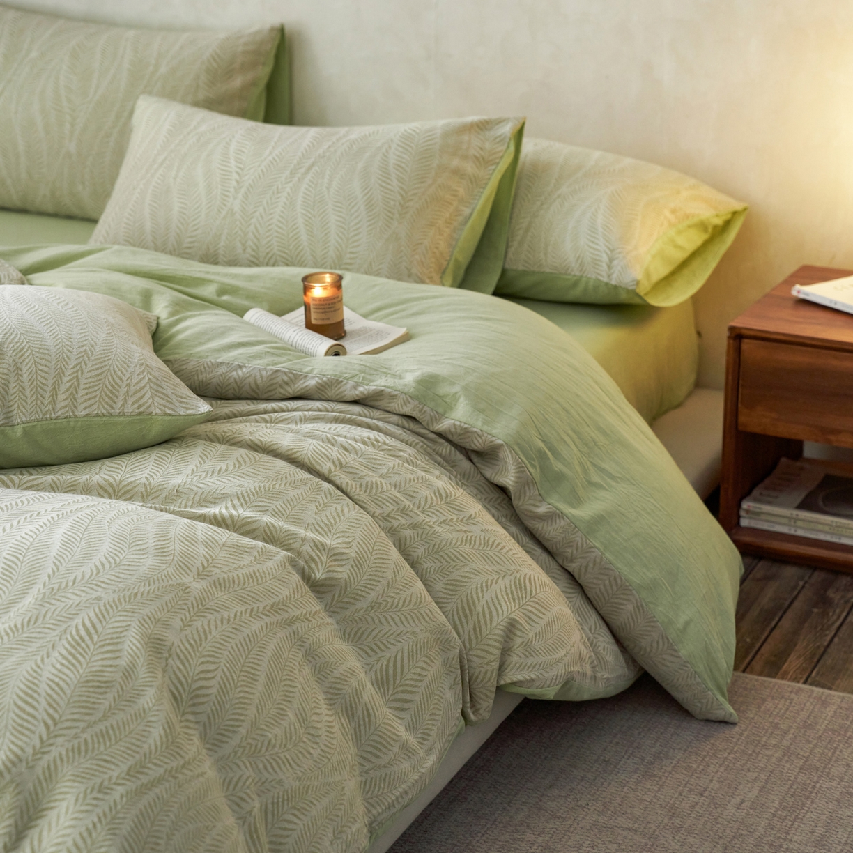 91家纺网 家纺一手货源 找家纺 如一 2026春夏新款色织提花全棉纯棉水洗棉四件套 叶笙-绿