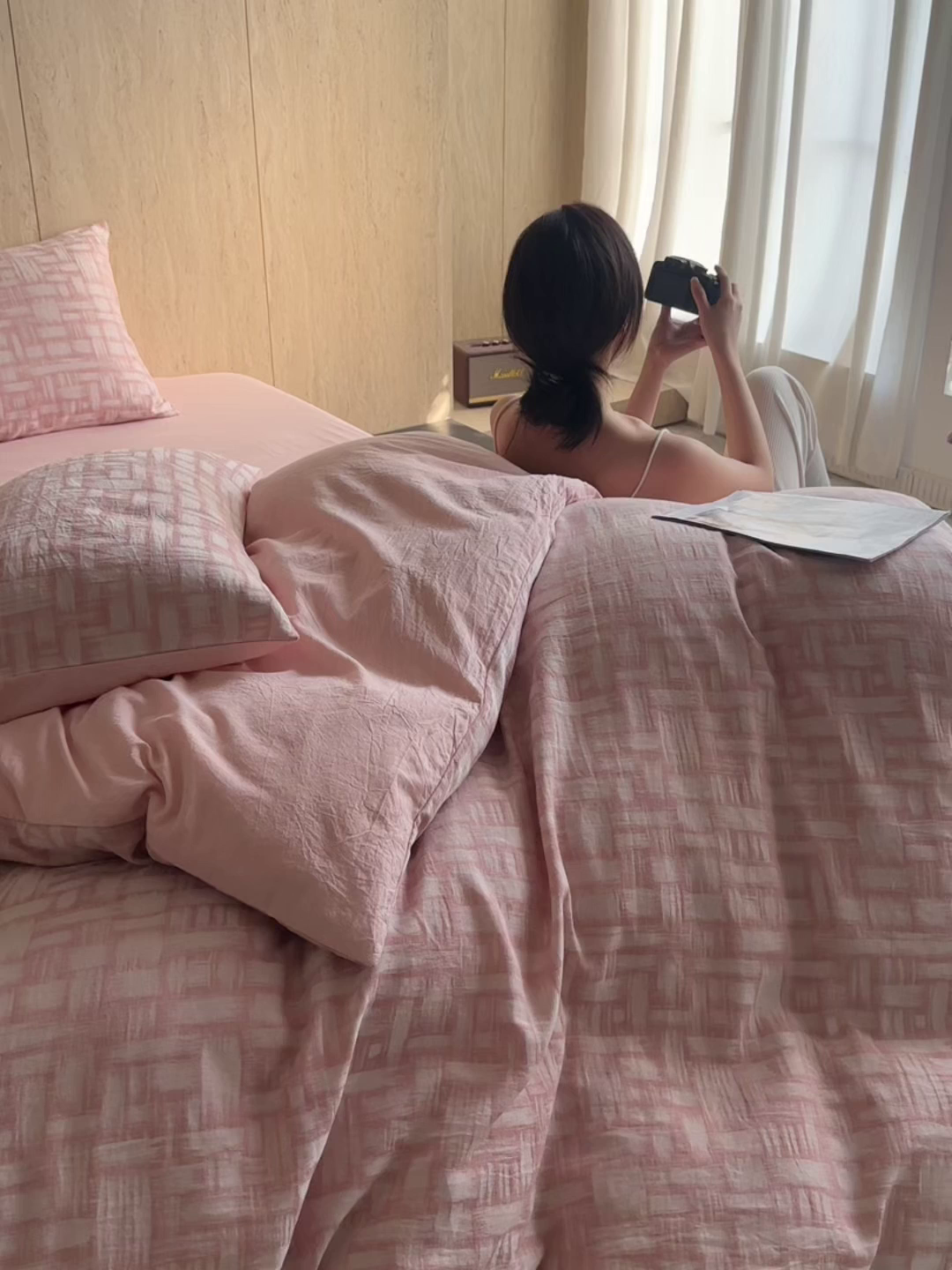 91家纺网 家纺一手货源 找家纺 如一 2026春夏新款色织提花全棉纯棉水洗棉四件套 浮光-粉