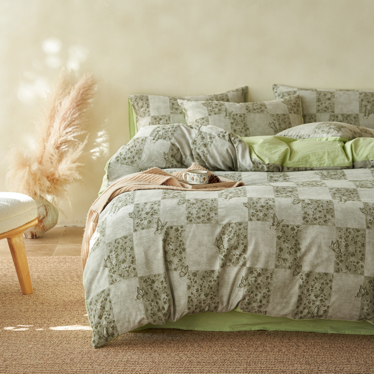 91家纺网 家纺一手货源 找家纺 如一 2026春夏新款色织提花全棉纯棉水洗棉四件套 蝶漫-绿