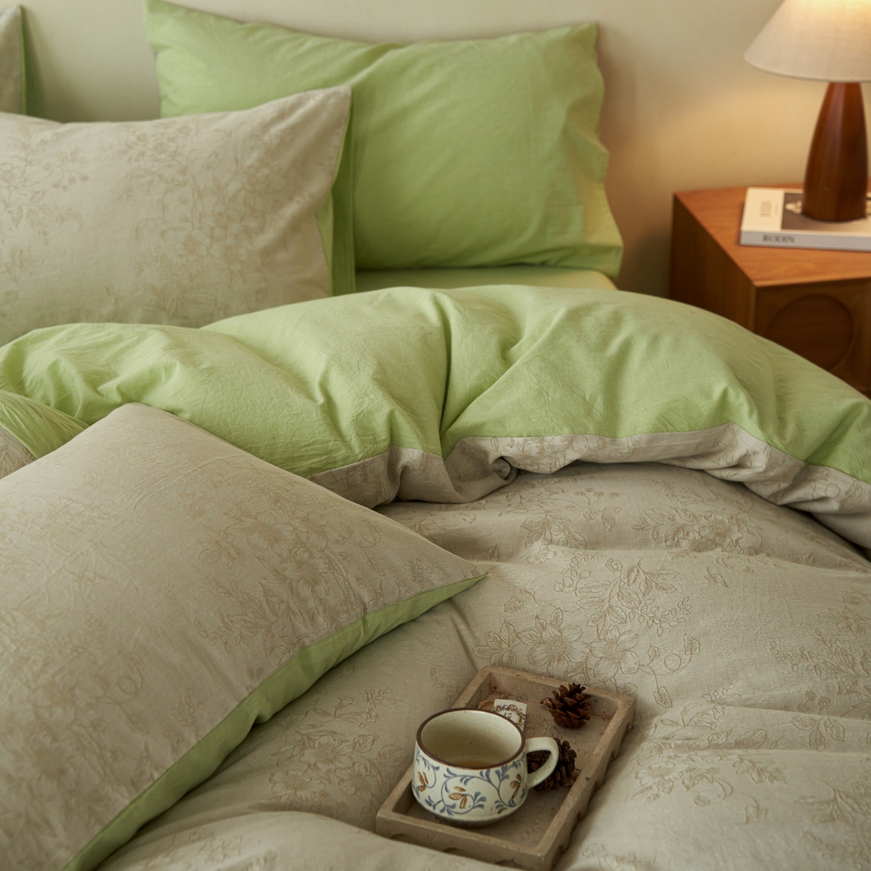 91家纺网 家纺一手货源 找家纺 如一 2026春夏新款色织提花全棉纯棉水洗棉四件套 花忆-绿