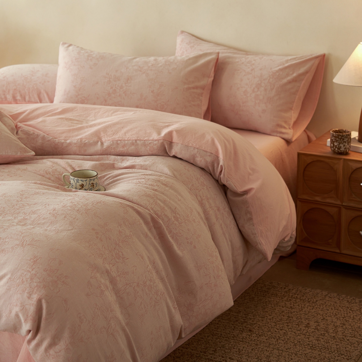 91家纺网 家纺一手货源 找家纺 如一 2026春夏新款色织提花全棉纯棉水洗棉四件套 花忆-粉