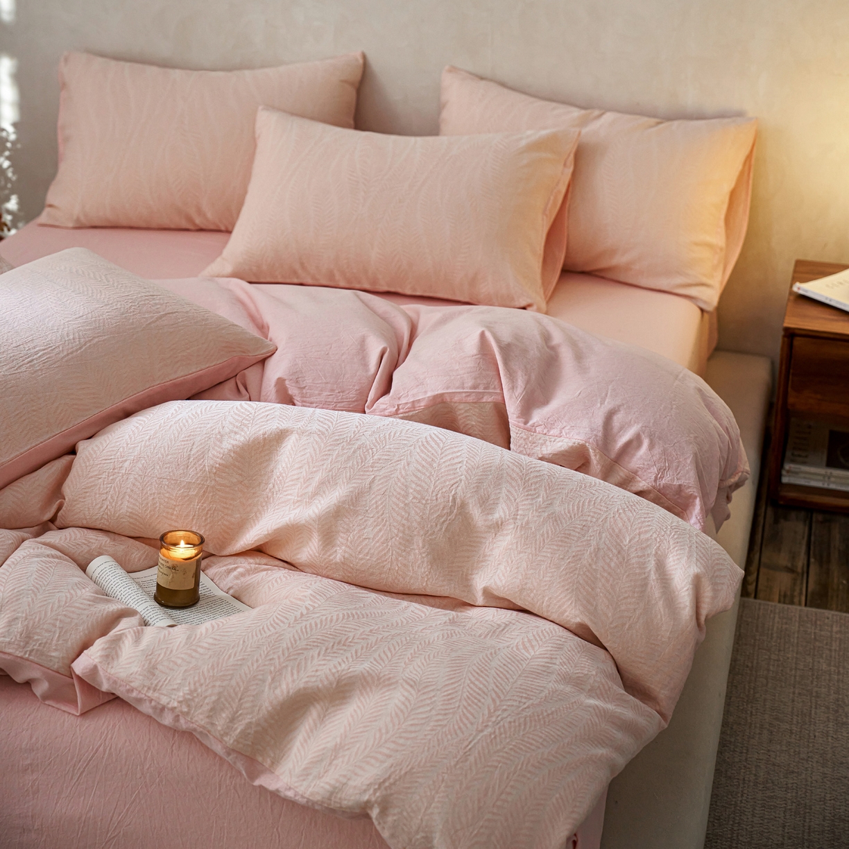 91家纺网 家纺一手货源 找家纺 如一 2026春夏新款色织提花全棉纯棉水洗棉四件套 叶笙-粉