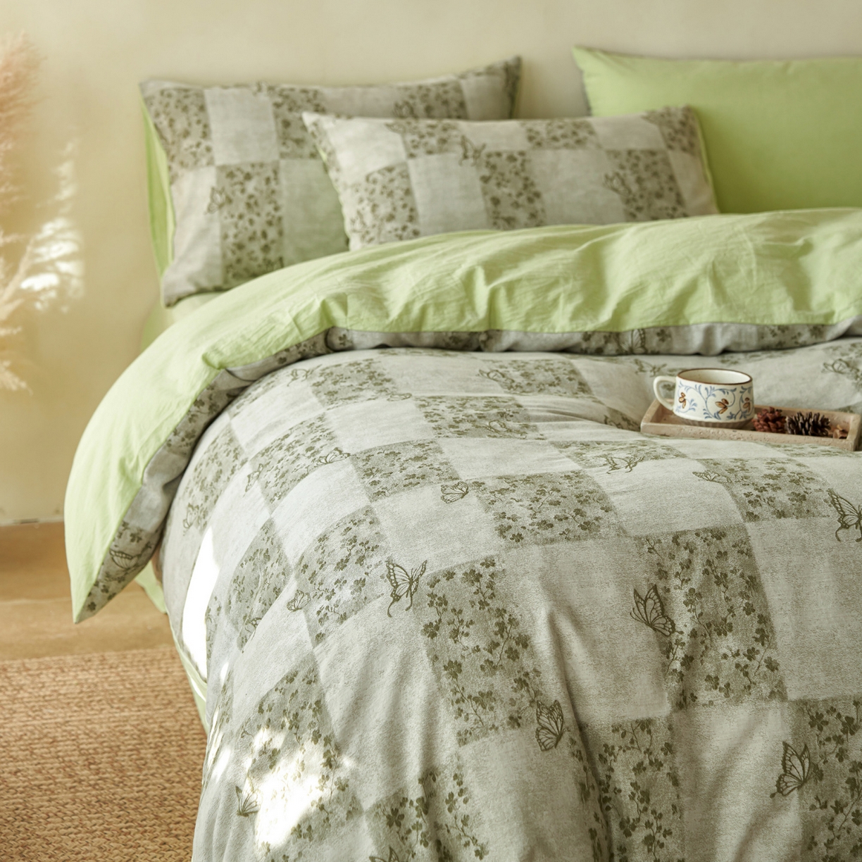 如一 2026春夏新款色织提花全棉纯棉水洗棉四件套 蝶漫-绿