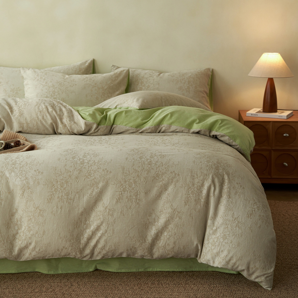 91家纺网 家纺一手货源 找家纺 如一 2026春夏新款色织提花全棉纯棉水洗棉四件套 花忆-绿