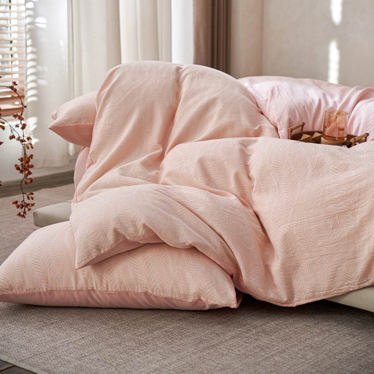 91家纺网 家纺一手货源 找家纺 如一 2026春夏新款色织提花全棉纯棉水洗棉四件套 叶笙-粉