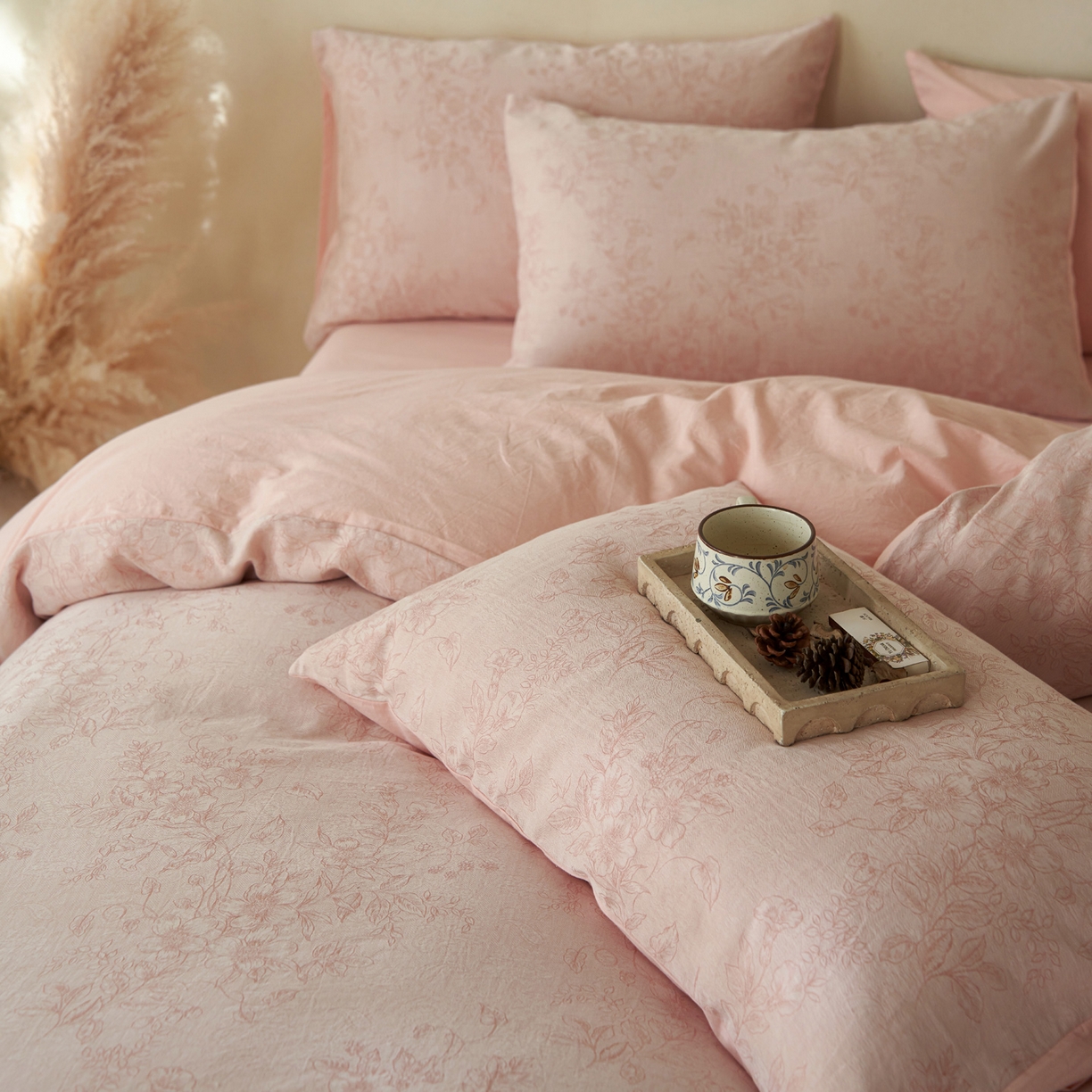 91家纺网 家纺一手货源 找家纺 如一 2026春夏新款色织提花全棉纯棉水洗棉四件套 花忆-粉