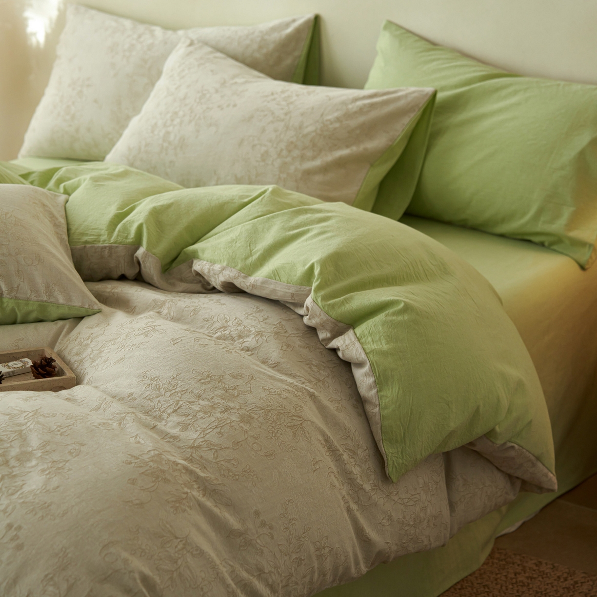 91家纺网 家纺一手货源 找家纺 如一 2026春夏新款色织提花全棉纯棉水洗棉四件套 花忆-绿