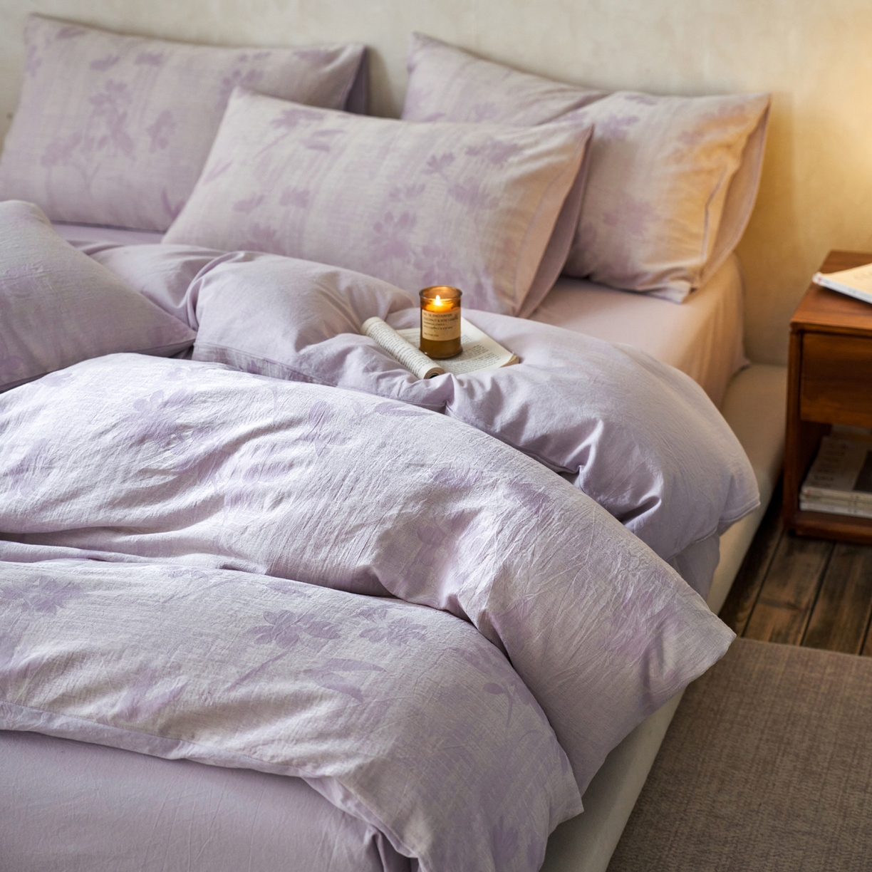 91家纺网 家纺一手货源 找家纺 如一 2026春夏新款色织提花全棉纯棉水洗棉四件套 兰序-紫