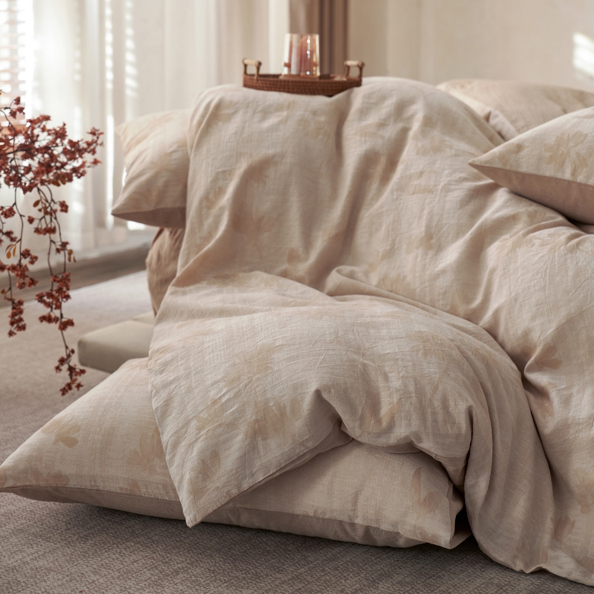 91家纺网 家纺一手货源 找家纺 如一 2026春夏新款色织提花全棉纯棉水洗棉四件套 兰序-咖