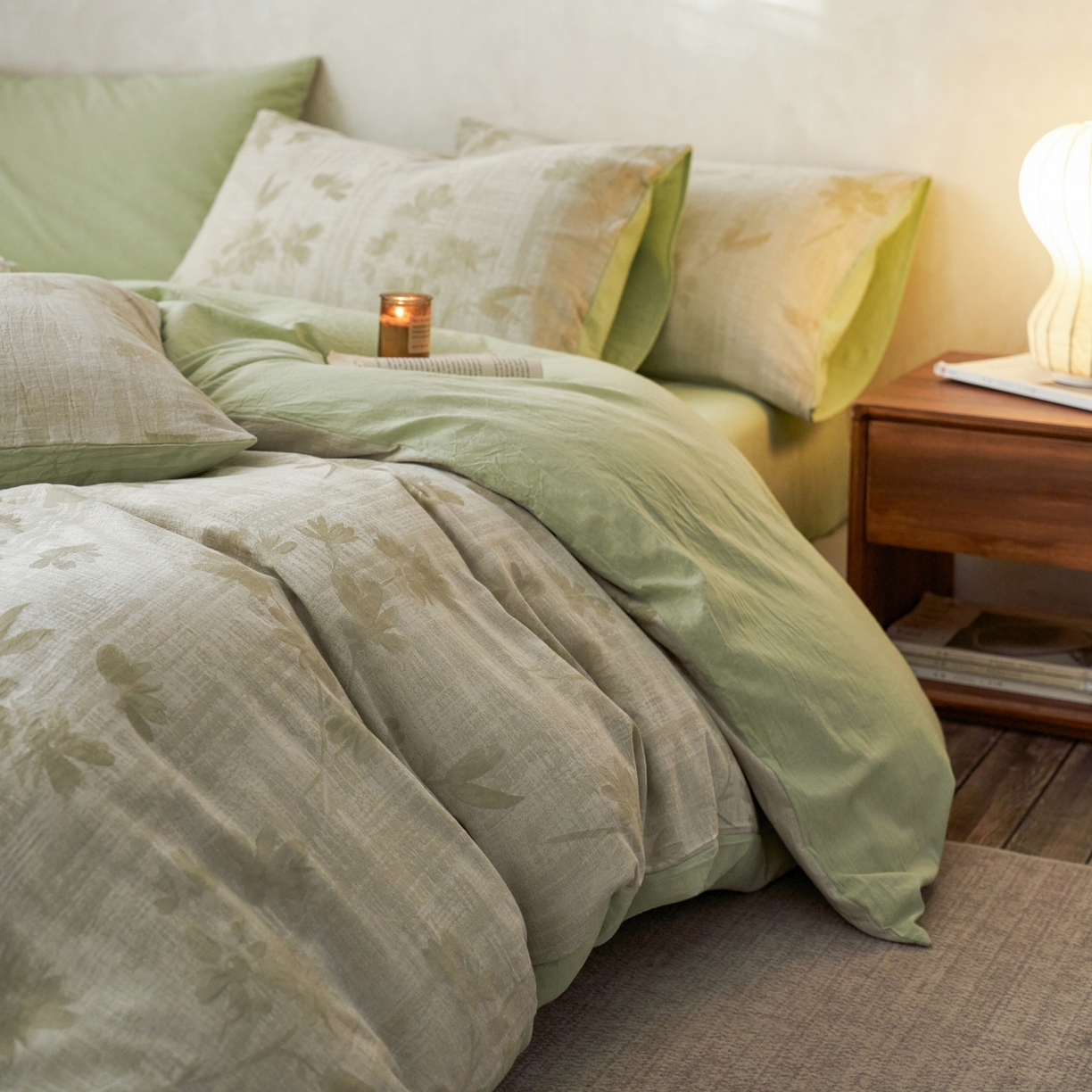 91家纺网 家纺一手货源 找家纺 如一 2026春夏新款色织提花全棉纯棉水洗棉四件套 兰序-绿