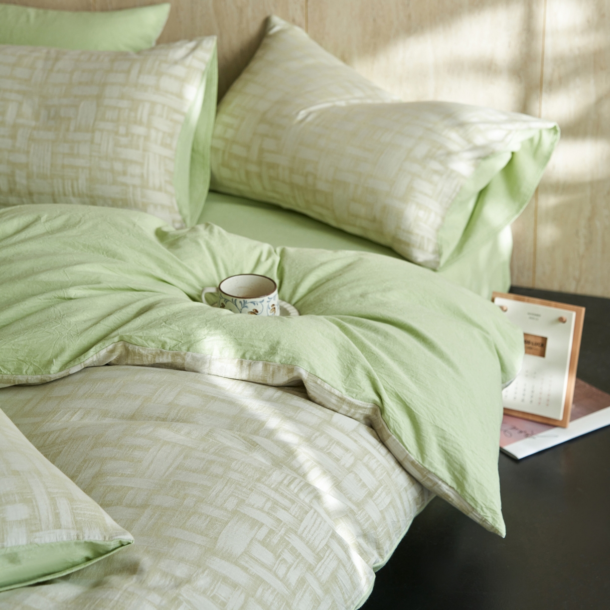 91家纺网 家纺一手货源 找家纺 如一 2026春夏新款色织提花全棉纯棉水洗棉四件套 浮光-绿