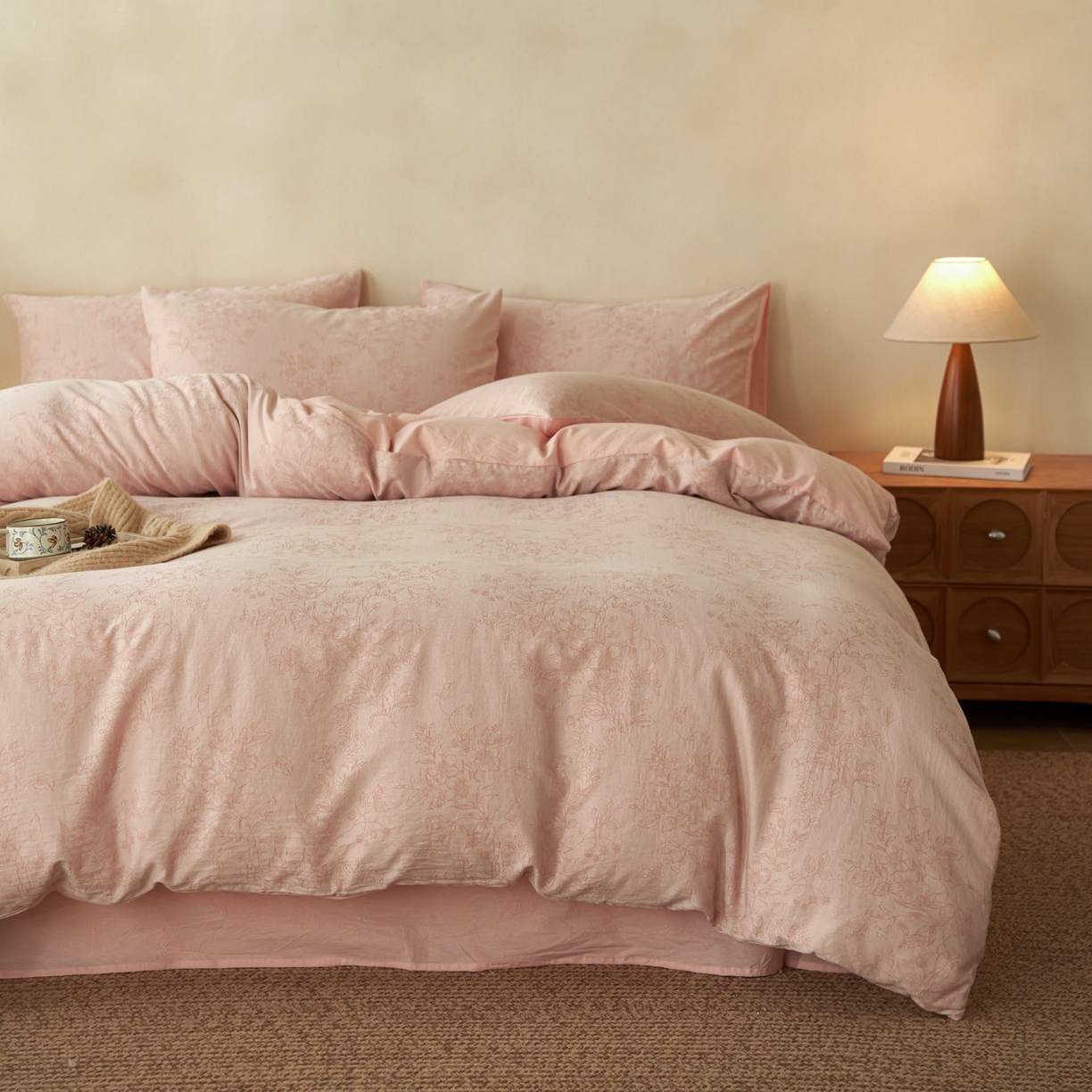 91家纺网 家纺一手货源 找家纺 如一 2026春夏新款色织提花全棉纯棉水洗棉四件套 花忆-粉