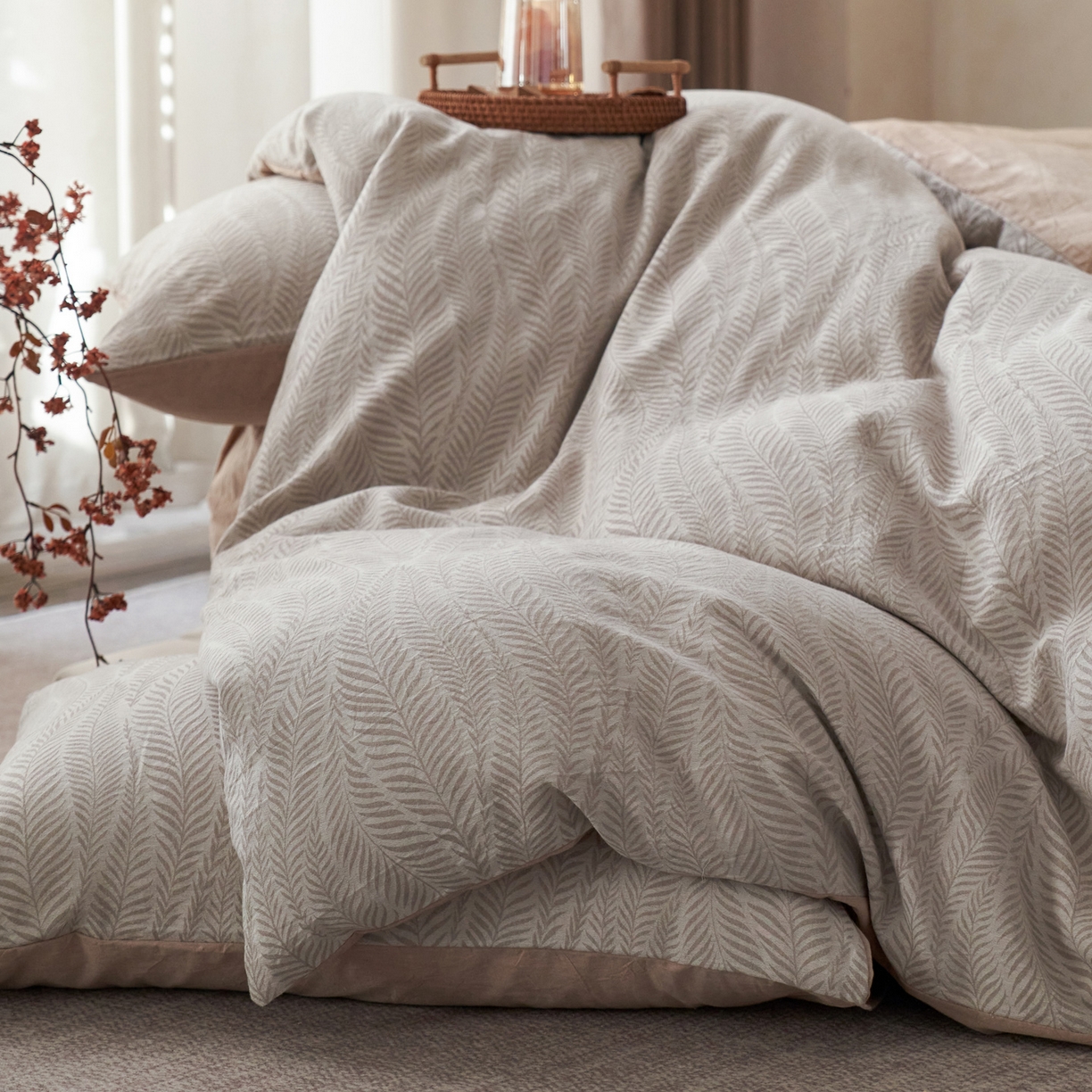 91家纺网 家纺一手货源 找家纺 如一 2026春夏新款色织提花全棉纯棉水洗棉四件套 叶笙-咖