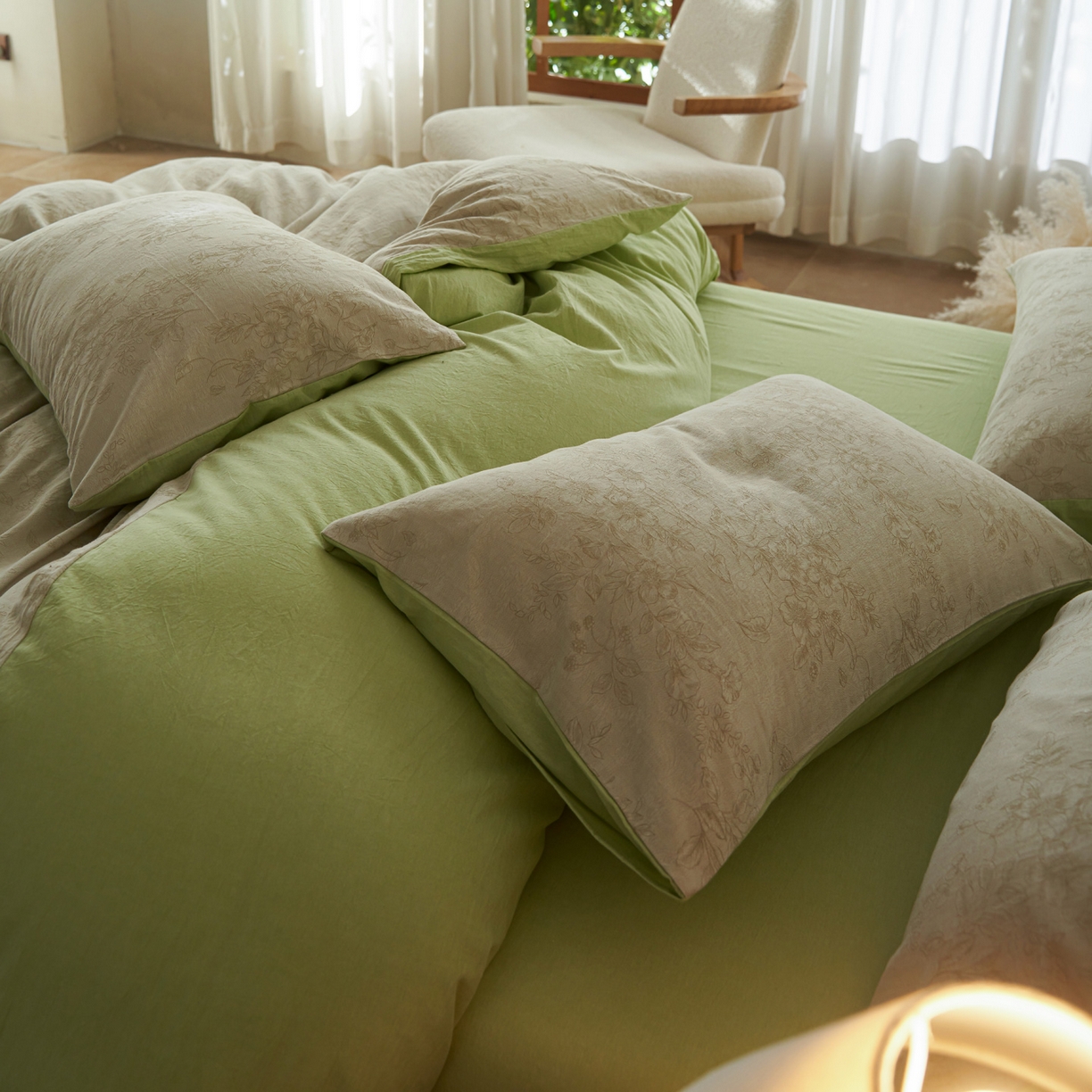 91家纺网 家纺一手货源 找家纺 如一 2026春夏新款色织提花全棉纯棉水洗棉四件套 花忆-绿