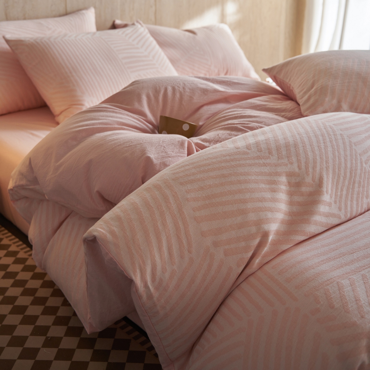 91家纺网 家纺一手货源 找家纺 如一 2026春夏新款色织提花全棉纯棉水洗棉四件套 序章-粉