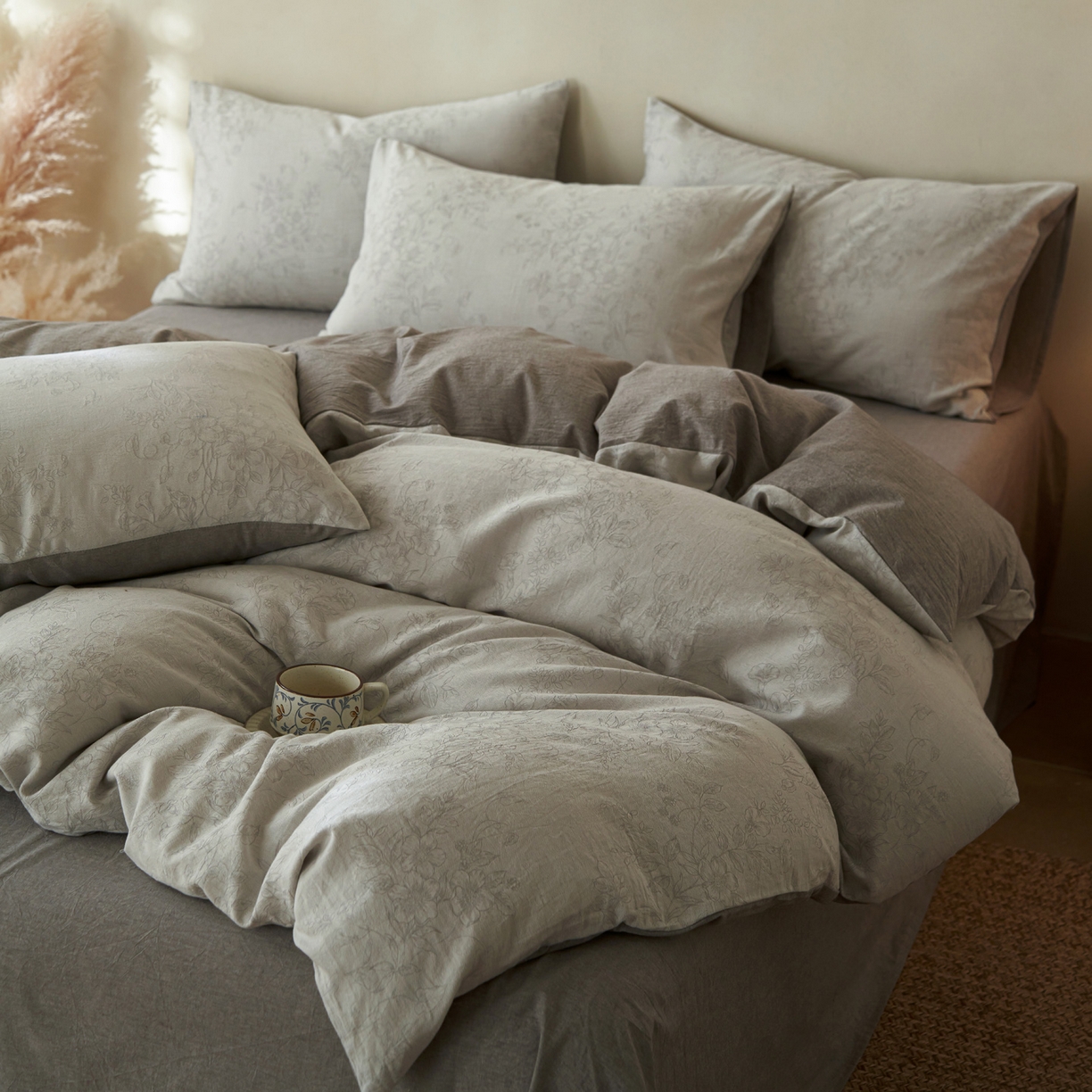 91家纺网 家纺一手货源 找家纺 如一 2026春夏新款色织提花全棉纯棉水洗棉四件套 花忆-灰