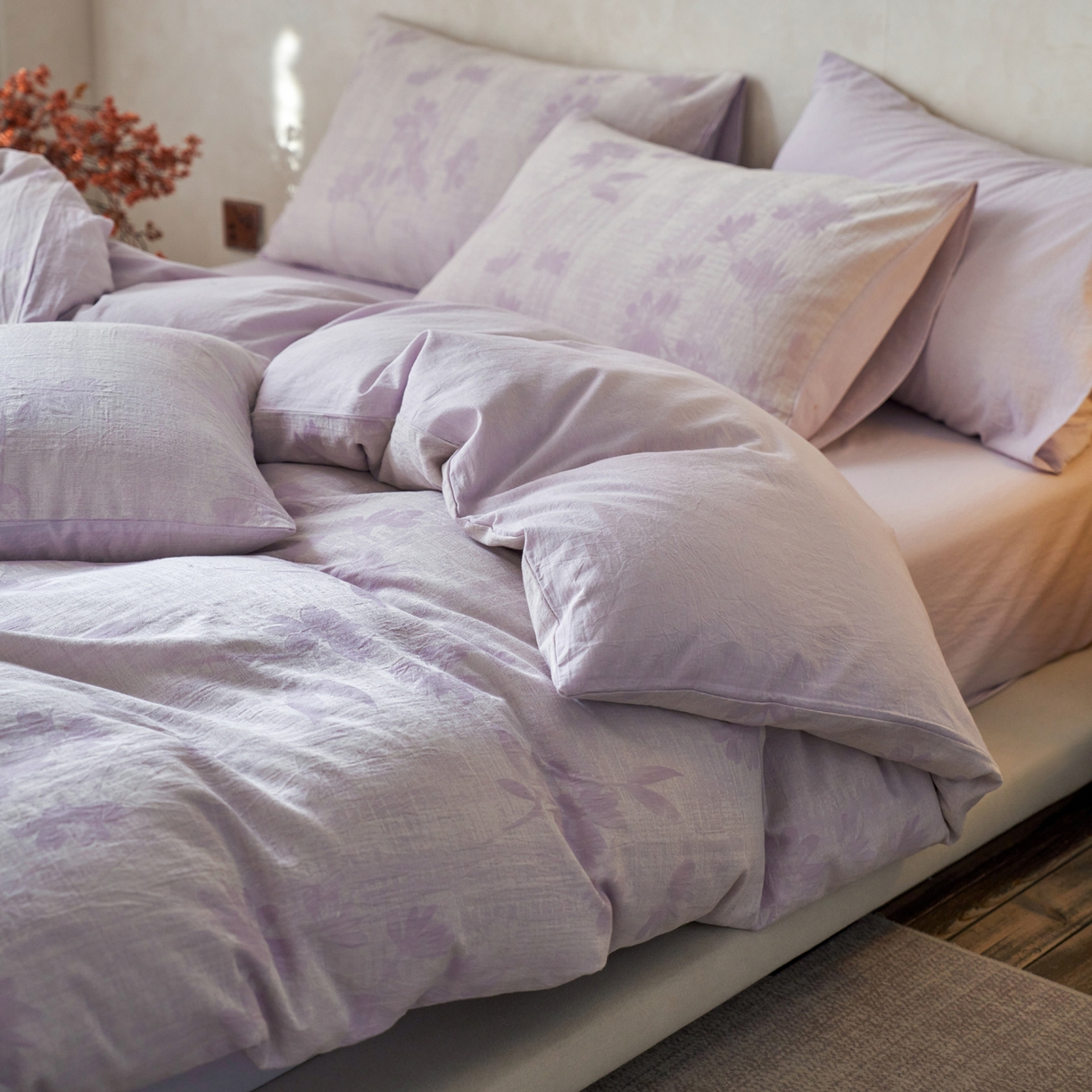 91家纺网 家纺一手货源 找家纺 如一 2026春夏新款色织提花全棉纯棉水洗棉四件套 兰序-紫