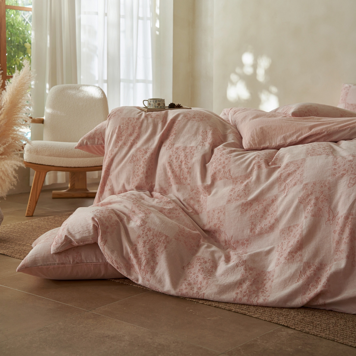 91家纺网 家纺一手货源 找家纺 如一 2026春夏新款色织提花全棉纯棉水洗棉四件套 蝶漫-粉