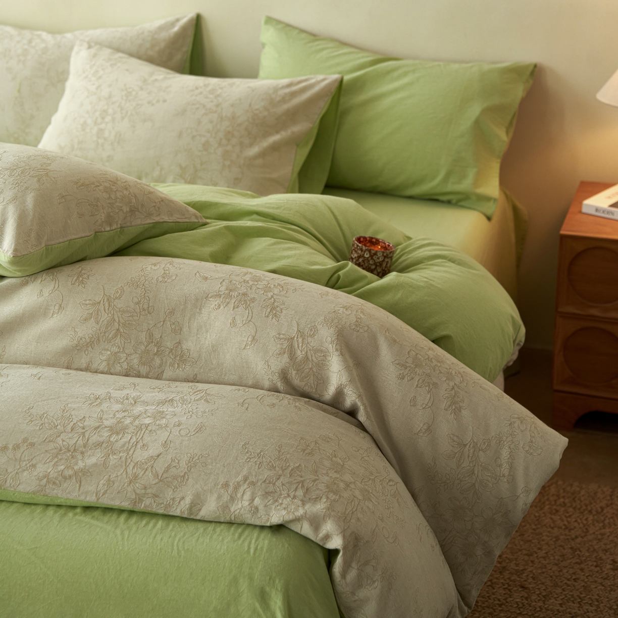 91家纺网 家纺一手货源 找家纺 如一 2026春夏新款色织提花全棉纯棉水洗棉四件套 花忆-绿