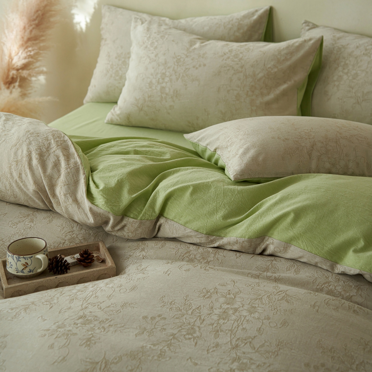 91家纺网 家纺一手货源 找家纺 如一 2026春夏新款色织提花全棉纯棉水洗棉四件套 花忆-绿