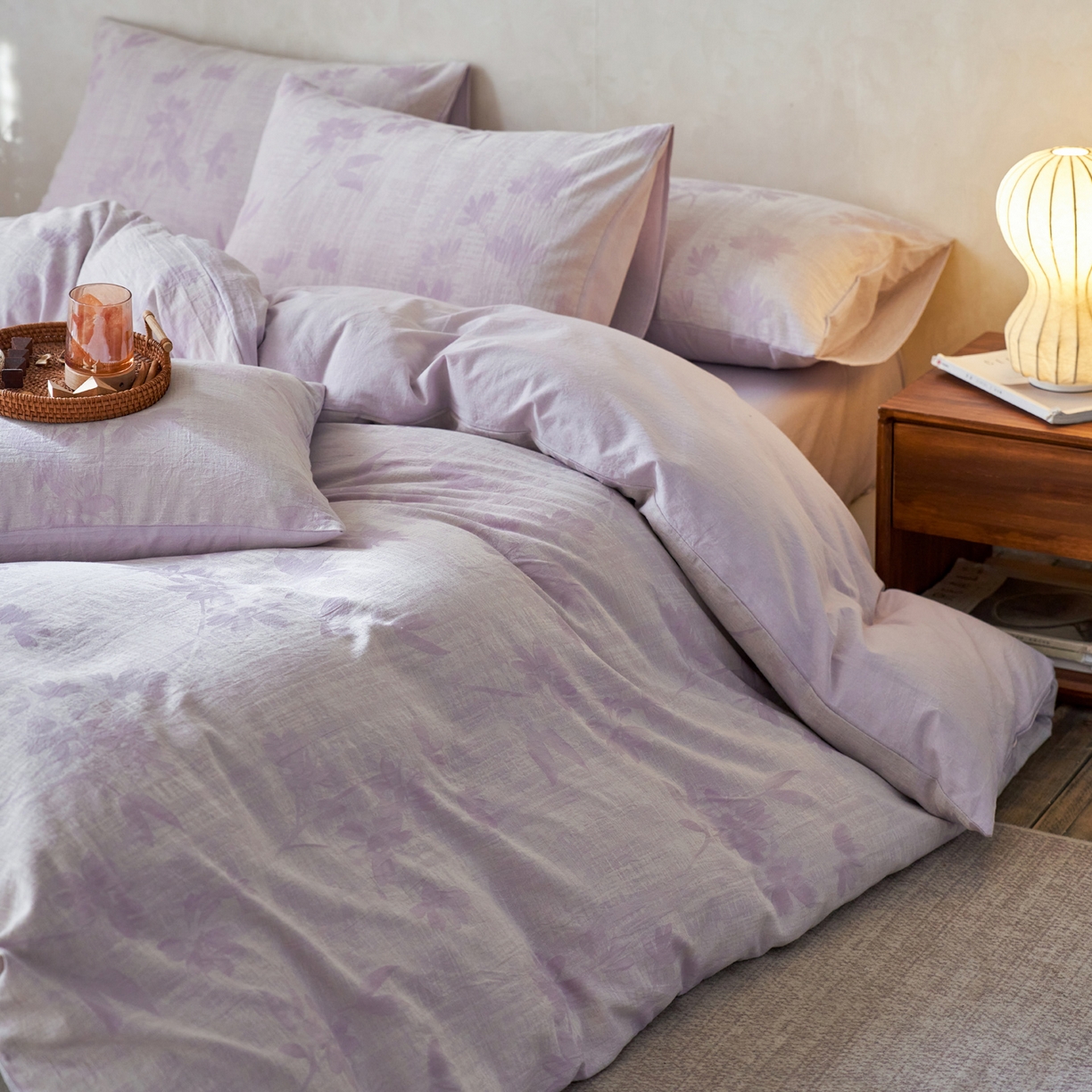 91家纺网 家纺一手货源 找家纺 如一 2026春夏新款色织提花全棉纯棉水洗棉四件套 兰序-紫