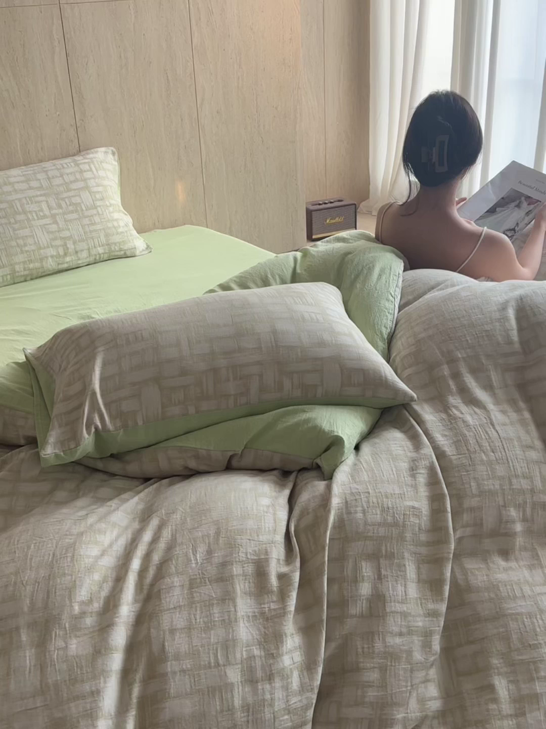 91家纺网 家纺一手货源 找家纺 如一 2026春夏新款色织提花全棉纯棉水洗棉四件套 浮光-绿