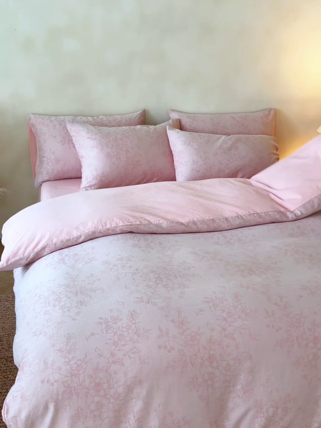 91家纺网 家纺一手货源 找家纺 如一 2026春夏新款色织提花全棉纯棉水洗棉四件套 花忆-粉