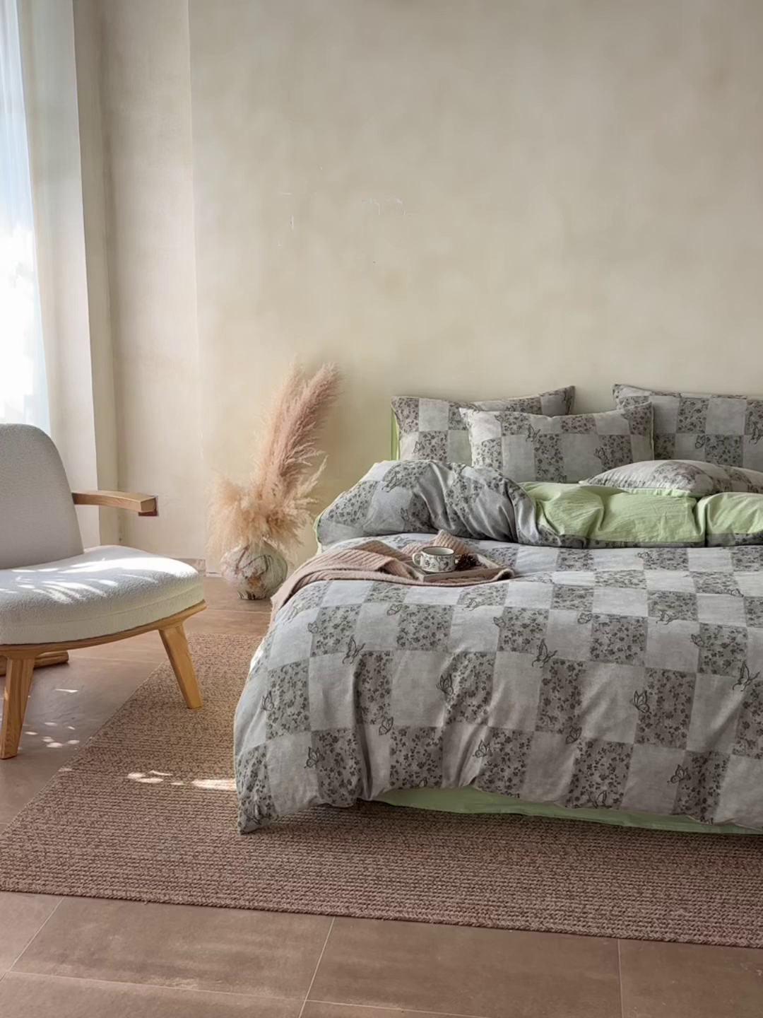 91家纺网 家纺一手货源 找家纺 如一 2026春夏新款色织提花全棉纯棉水洗棉四件套 蝶漫-绿