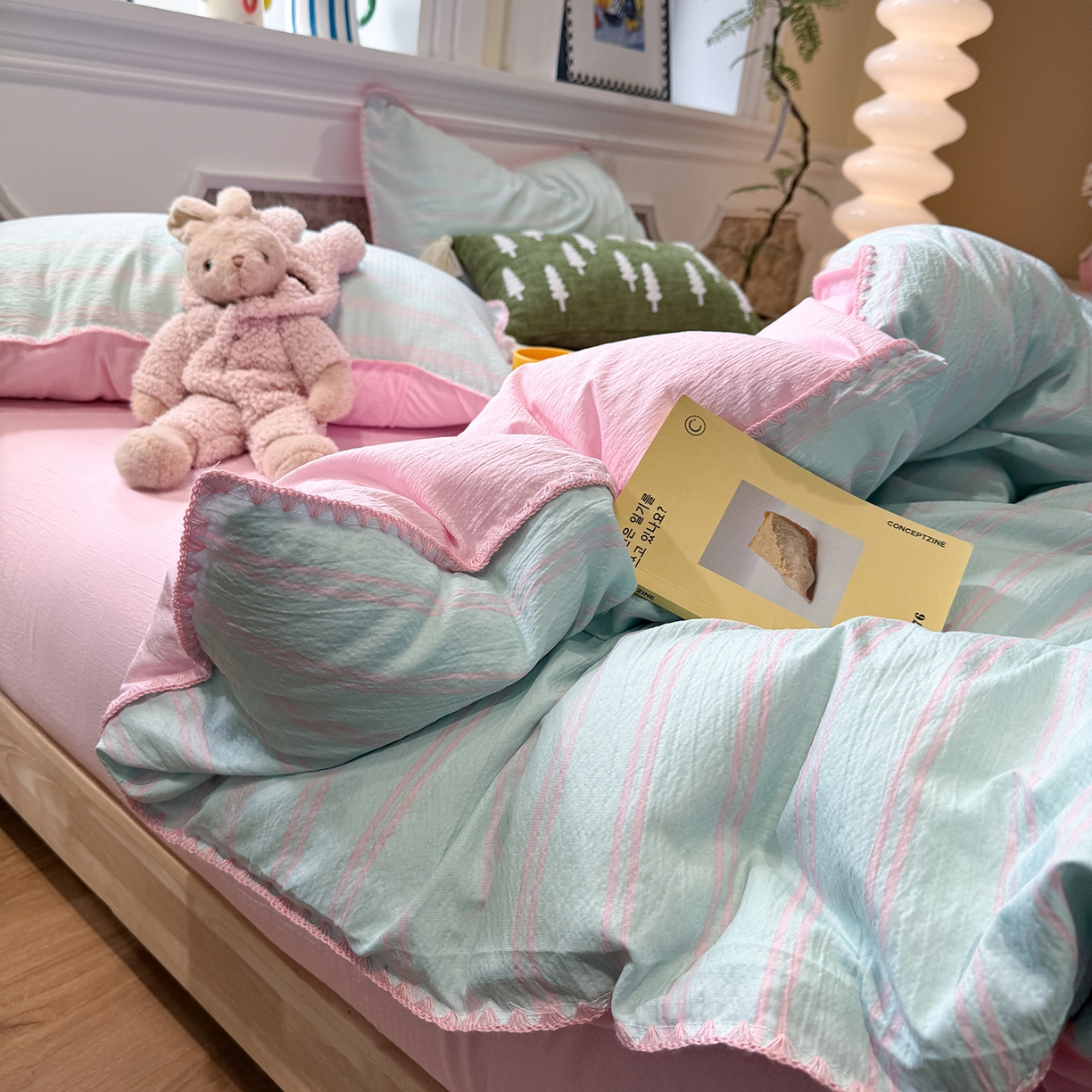 水墨江南 2026新款条格系列贝壳边三角针四件套 海盐玫粉