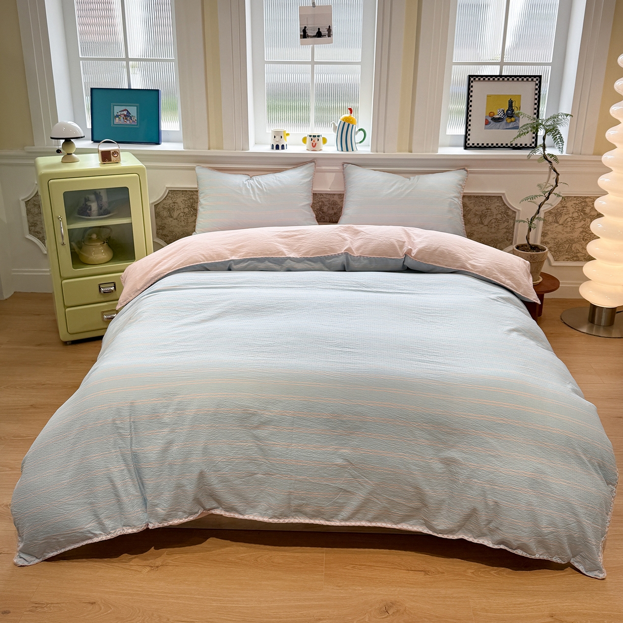 91家纺网 家纺一手货源 找家纺 水墨江南 2026新款条格系列贝壳边三角针四件套 海盐玉